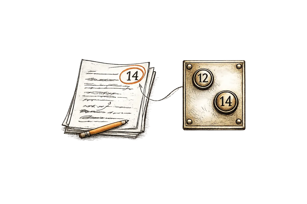 A marked-up presentation page numbered 14 sits beside an old lift panel showing 12 and 14, connected by a wavering ink line.